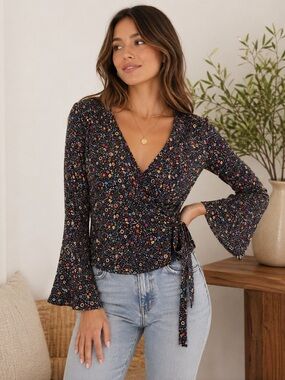 Floral Faux Wrap Blouse - Black/Purple